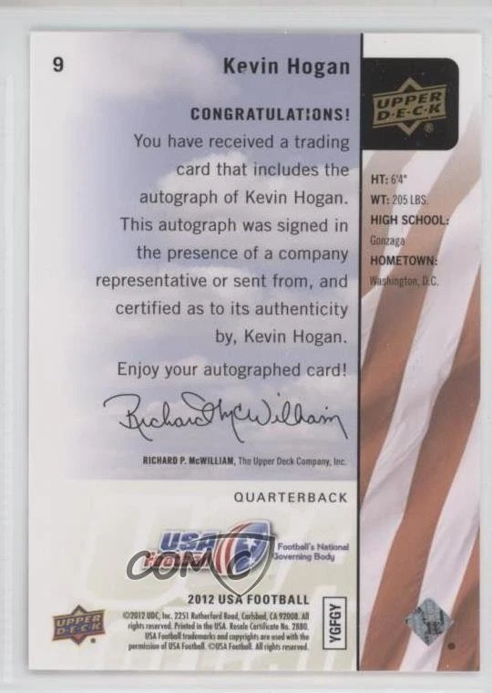 2011-12 Upper Deck USA Football Box Set Auto Kevin Hogan #9 Auto - Image 2 of 2