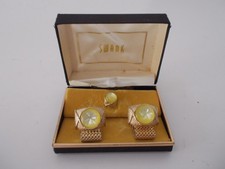 VTG SWANK Gold Metal w/ Yellow Stone Men's Cuff Links  Tie Tack Accessory