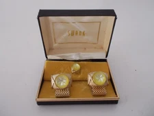 VTG SWANK Gold Metal w/ Yellow Stone Men's Cuff Links & Tie Tack Accessory