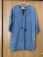 Women’s Madewell Artiste Denim Chambray Shift Tunic Mini Dress Tassel Ties Small
