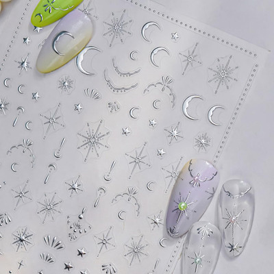 Mond Sterne Nagelsticker Silver 2 Blatt - Selbstklebend Nail Art Sticker für Nag