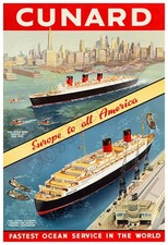 Cunard Lines – Queen Mary & Elizabeth Ocean Liners in New York Vintage Poster