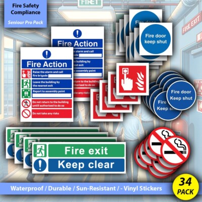 Brandschutz Compliance Aufkleber Schilder - 34 Multipack - Brandausgang, Brandschutztür,