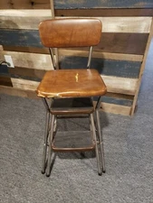 Vintage Cosco Pull Out Step Stool Chair Chrome Original Brown **Tears in Seat Fa