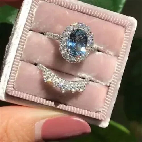 3Ct Oval Cut Aquamarine Women's Bridal Set Engagement Ring 14K White Gold Finish - Picture 1 of 4