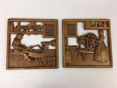 2 Vintage 1961 Metal Cast ''Artisans Of Colonial America'' Wall Art - USA Made