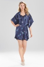 NWT NATORI 170 NIGHT BLUE PAPILLON LACE TRIM PRINTED SATIN ROBE L LARGE