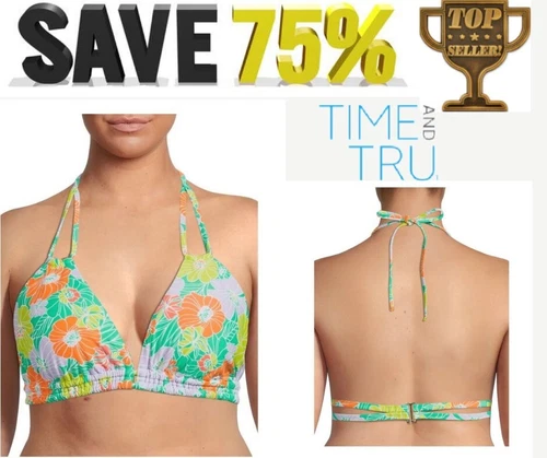 Time and Tru Women Plus Size 1X 16W-18W PRINTED triangle swimsuit ONLY TOP NEW - Picture 1 of 16