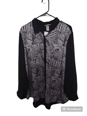 H&M Tunic Button Down Blouse Graphic Print With Black Sheer Sleeves Size 22