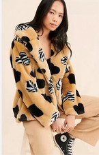 Anthropologie Maeve Faux Fur Coat Sz Large $198 Jacket Brown Black Animal Print