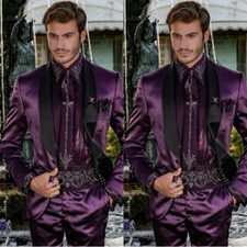 Silk Satin Purple Men Suits Formal Wedding Groom Prom Dinner Party 2 Pcs Tuxedos