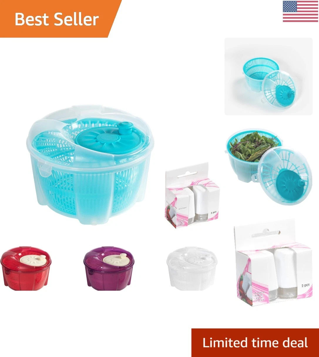 High-Quality Salad Spinner with One-Handed Operation and Salt&Pepper Shaker
Opens in a new window or