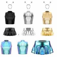Women Outfits Ruffled Dress Mini Costume Alien Metallic Role Play Shiny Rave