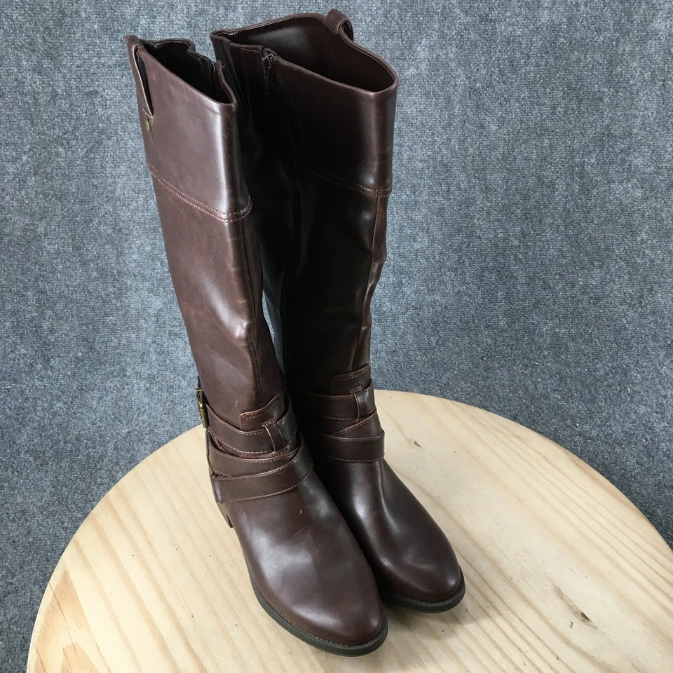 Merona Boots Womens 9 Tall Riding Brown Faux Leather Side Zip Block Heels Buckle - Image 3 of 4