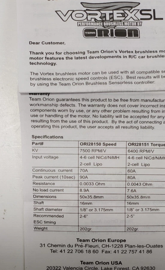 TEAM ORION MOTORE BRUSHLESS VORTEX  2008 SENSORLESS SPEED 7500 ART ORI28150 - Immagine 4 di 4