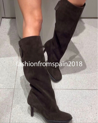 ZARA NEW WOMAN KNWW HIGH WIDE LEG SPLIT SUEDE BOOTS BROWN 36