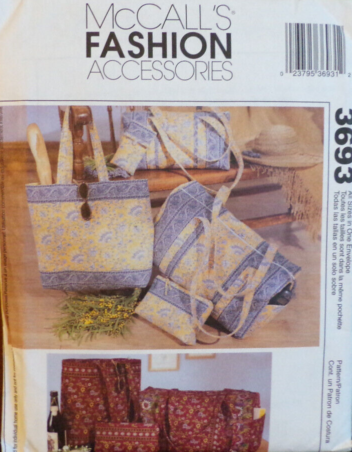 McCall's Sewing Pattern 3693 Fashion Duffel Bag Tote Bag MakeUp Case One Size UC
