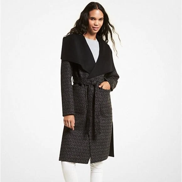 Cappotto Cintura Michael Kors Miscela Lana Jacquard Avvolgente Marrone Nero Taglia M