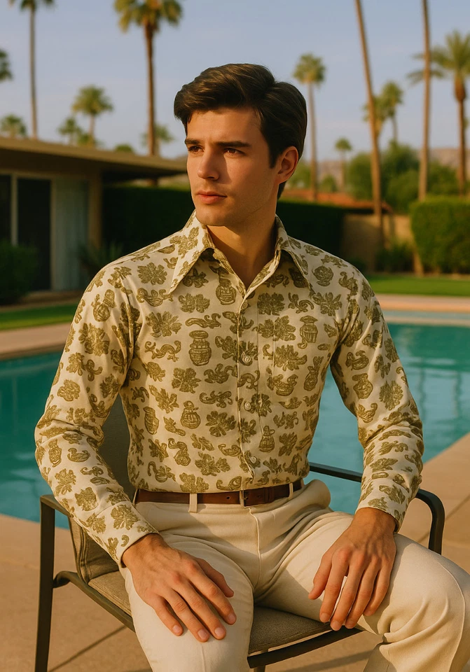 Camisa Resort JANTZEN 100 Vintage Principios de los 70 Para Hombre LS Tejida Estampada - Talla S/M - EE. UU. Foto 4 de 4