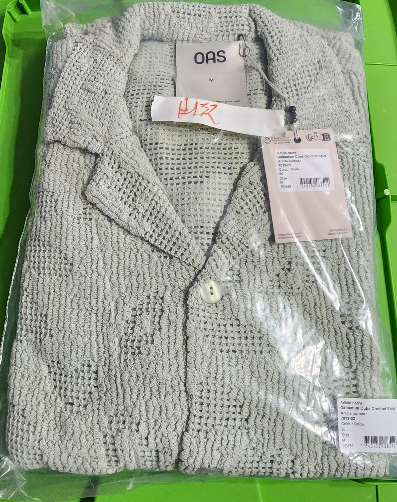 OAS Galbanum Cuba Crochet Shirt Mens Size M Short Sleeve Button Up NIB Lt Green