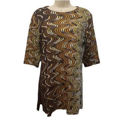 Womens Sz M Retro Psychedelic Wavy Print Tunic Top Brown 70s Style 3/4 Sleeve