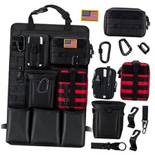 Tactical Car Back Seat Organizer with 4 Molle Black Set with Red Medical Pouch