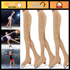 3 Pcs Rhinestone Figure Skating Tights for Girls Women - Tan Ice Dance Legging