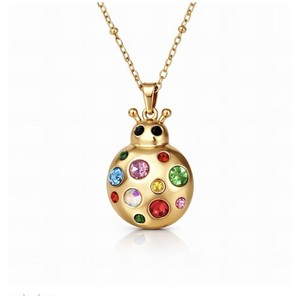 Authentic Yellow Gold Plated Ladybug Pendant Cable Chain Necklace, Multicolor