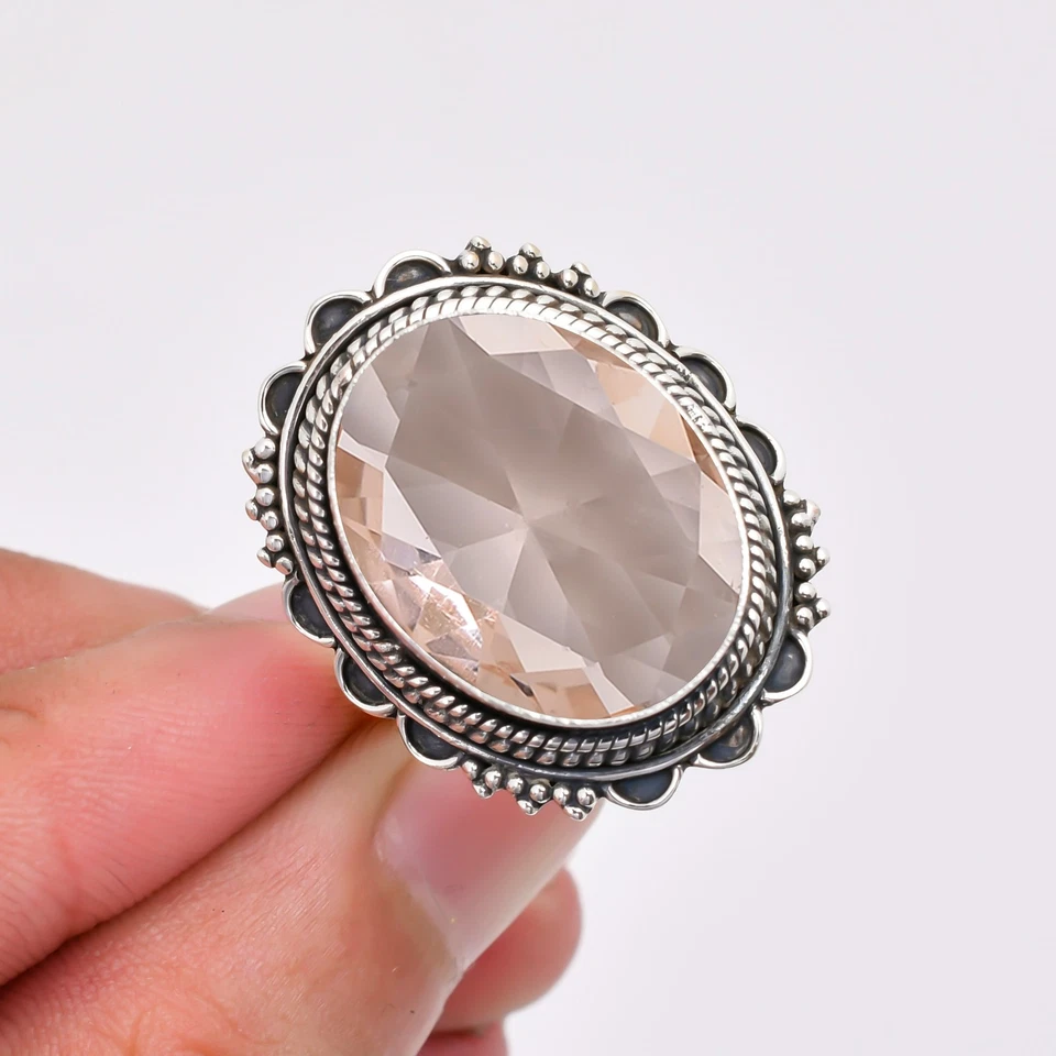 Hermosa joyería anillo de novia de plata esterlina 925 maciza con piedras preciosas de morganita V8075 Foto 2 de 4