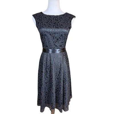 Tahari Arthur S. Levine Black Silver Metallic Lace Fit Flare Dress Size 2