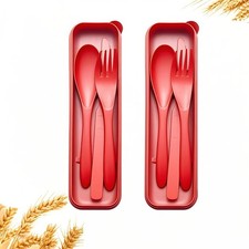 Red Reusable Portable Camping Cutlery Set Case Wheat Straw Travel Utensils