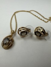 Brown Stone Necklace Pierced Earrings Set Gold Tone Jewelry 17.5