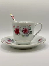 Delicate Fine China Rose Teacup Set with Plate and Spoon - Single
