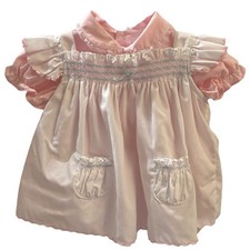 VTG Smocked 1980s White Pinafore Pink Dress Embroidery Cottagecore 6-9 mo