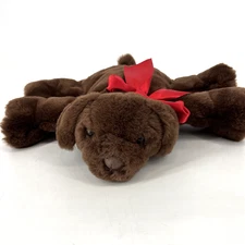 Aurora Chocolate Brown Lab Puppy Dog 10" Plush Laying Down Red Bow Leather Paws