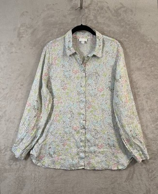 J.Jill Love Linen Water Color Floral Long Sleeve Button Up Missy Shirt Size M