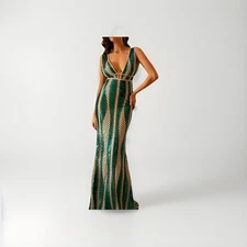 Sequin Ball Gown Prom Long Dress Deep V Neck Bodycon Evening Mermaid Dress M