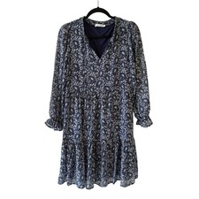 Prato Floral Navy Blue Long-Sleeve Shift Dress Size 1 Smocked Neck Cuffs Flowy