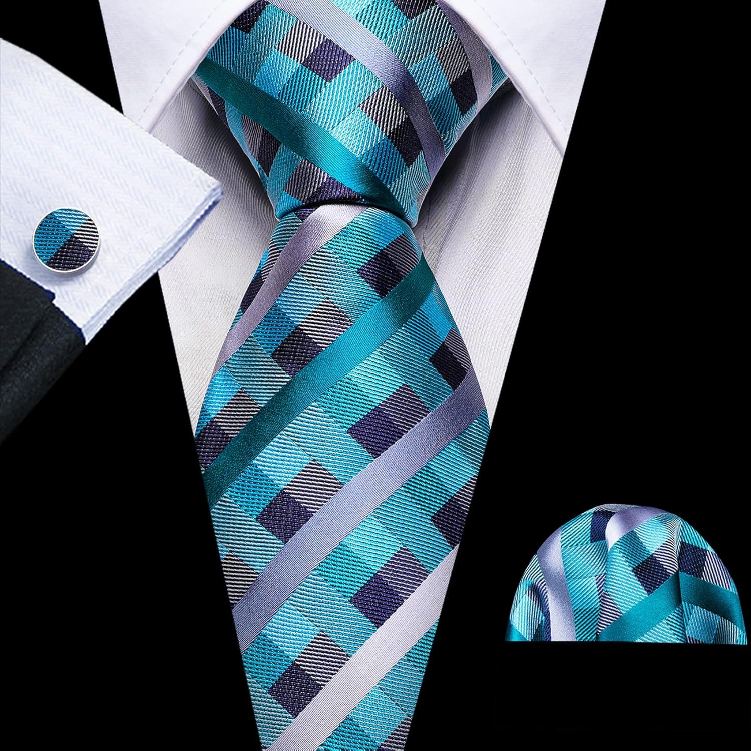 Barry.Wang Plaid Ties Check Mens Necktie Set with Handkerchief Cufflinks Teal 