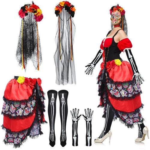 Day of the Dead Women Costume Set Include Tie on Bustle Skirt Skeleton Stocki...