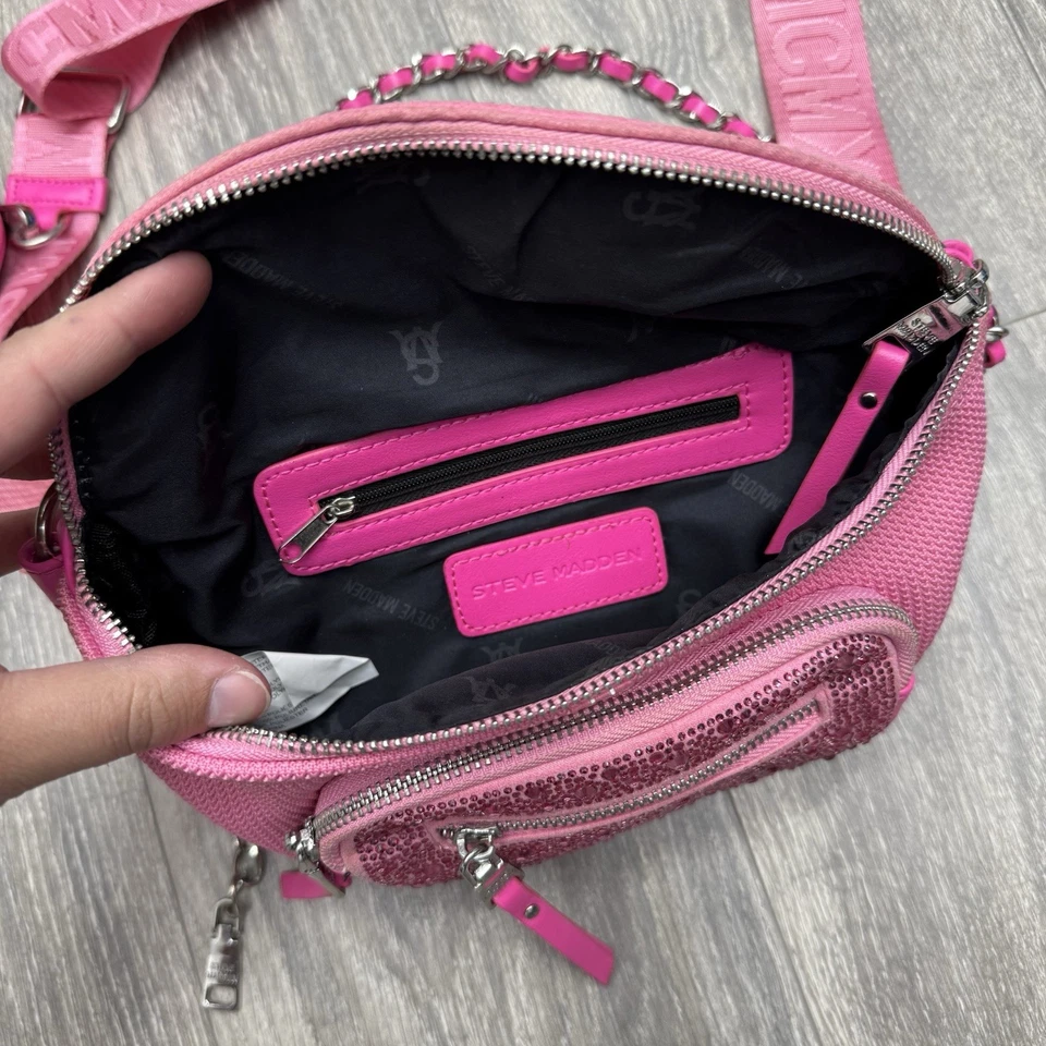 Steve Madden Maxima Convertible Belt Bag Rhinestone Hot Pink Crossbody Purse - Image 4 of 4