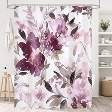 Mauve Watercolor Floral Shower Curtain, Purple Plant Leaves with Flower Showe...