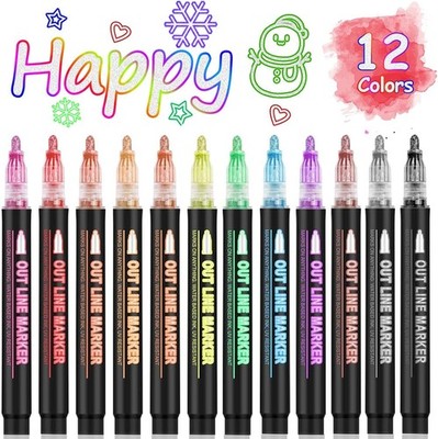 Double Line Outline Markers 12 Colors Super Squiggles Glitter Self Outline