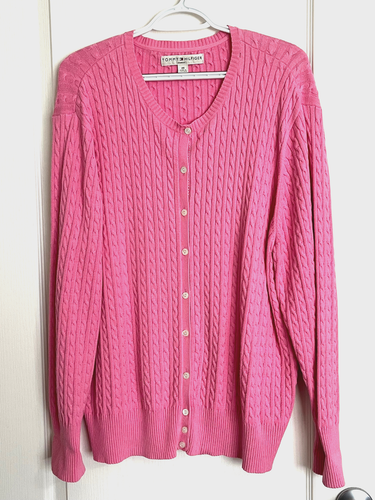 TOMMY HILFIGER Pink Cable Knit Button Cotton Cardigan Sweater Sz 2X