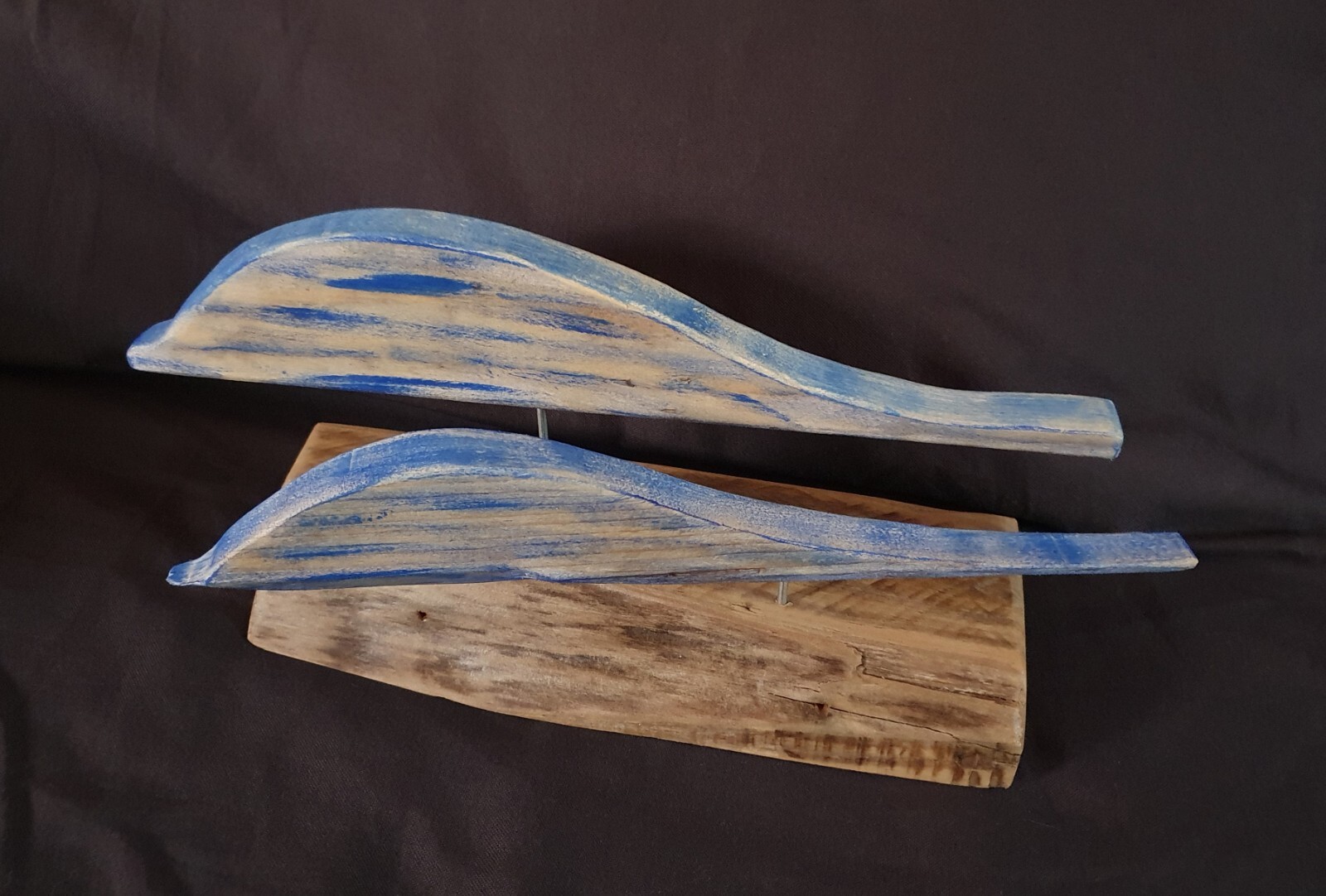 Sculpture Dauphins Bleus Bois Flotté Statuette Artisanale Marine
