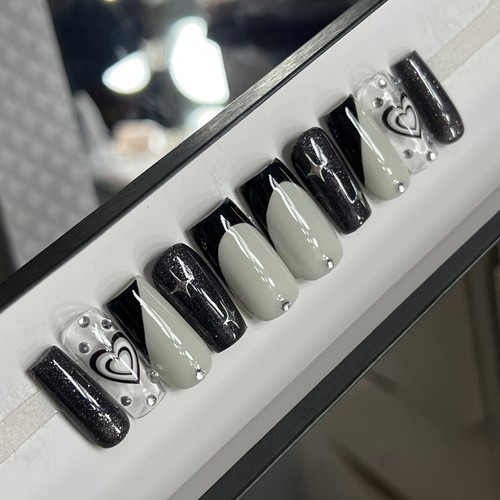 🤍 CUSTOM Hard Gel Press On Nails Black GREY HEART Bling 10p FULL SET SQUARE - 第 11/16 張圖片