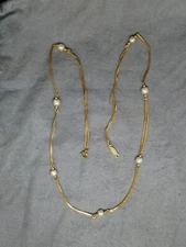 Vintage Napier Gold Tone Faux Pearl Herringbone Chain Link Necklace Signed 24"