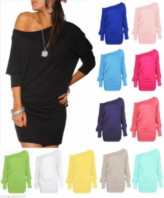 Neu Damen Slash Neck Fledermausärmel Baggy Schulterfrei Bardot Sommer T-Shirt Top