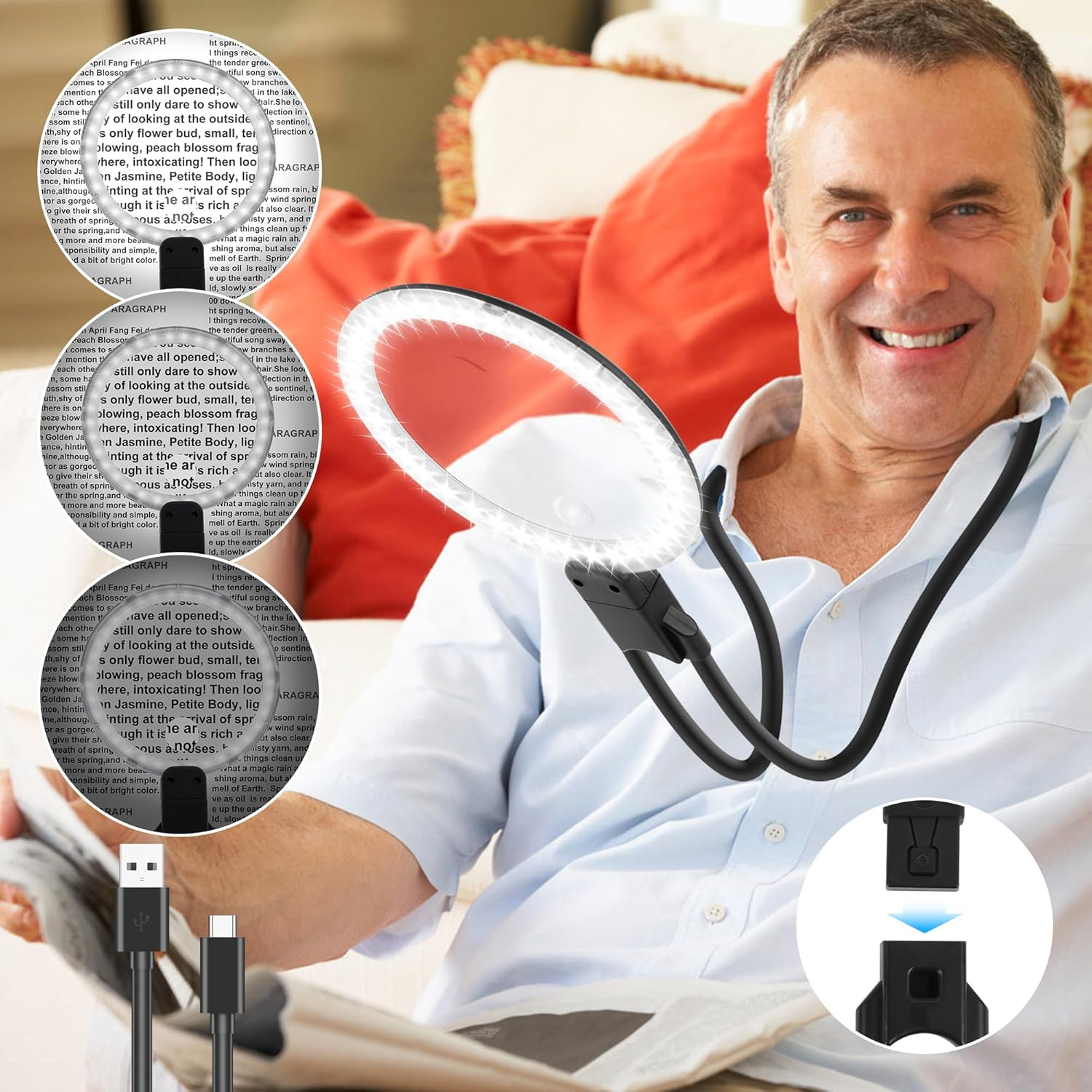 5X 15X Hands Free Magnifying Glass, 36 Leds Magnifying Glass for Reading, Large