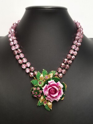 Stanley Hagler Ian St Gielar Pink & White Rose Green Seed Bead 2 Strand Necklace